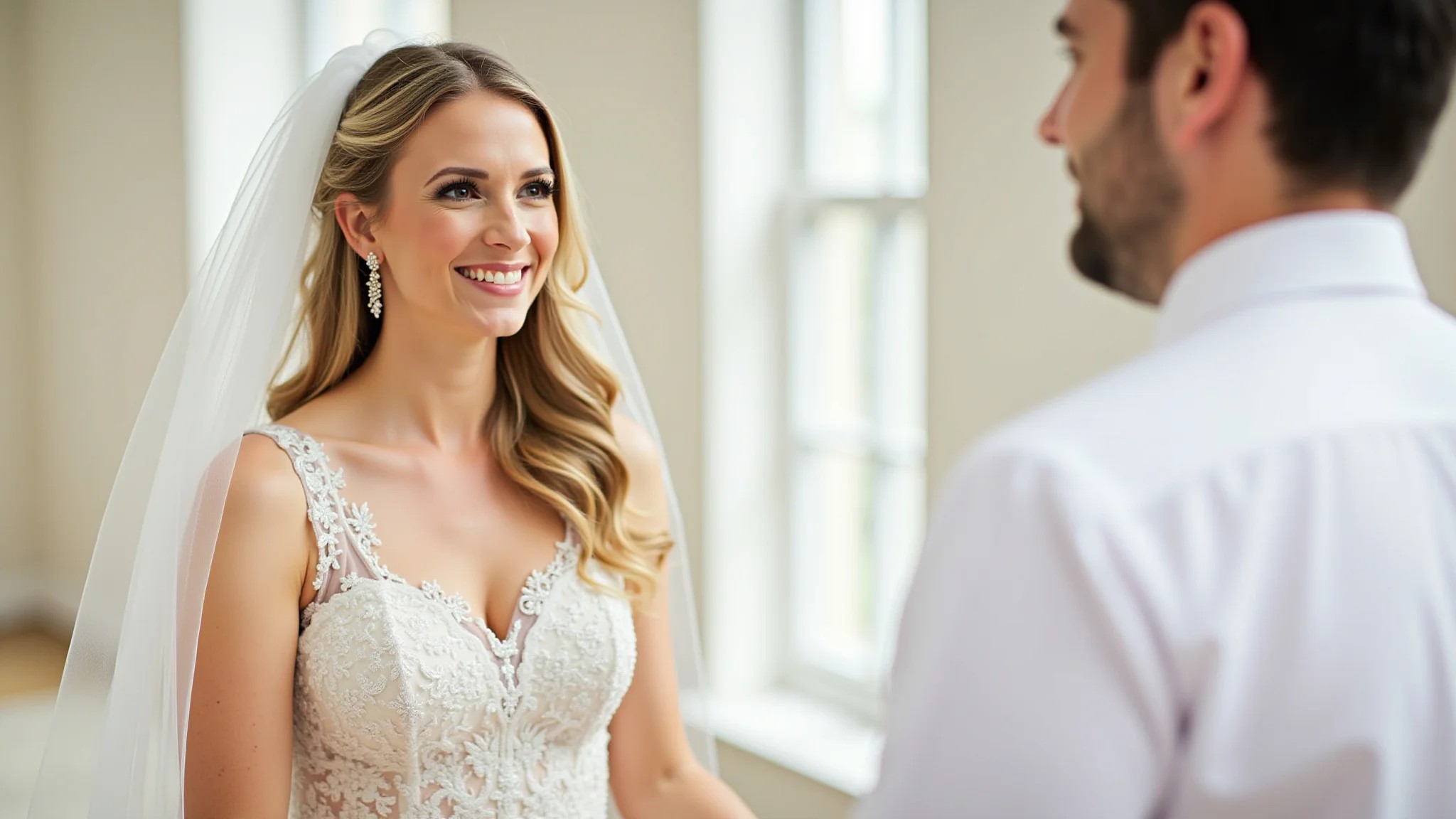 Noiva com vestido curto bordado para casamento civil, fotografia profissional.