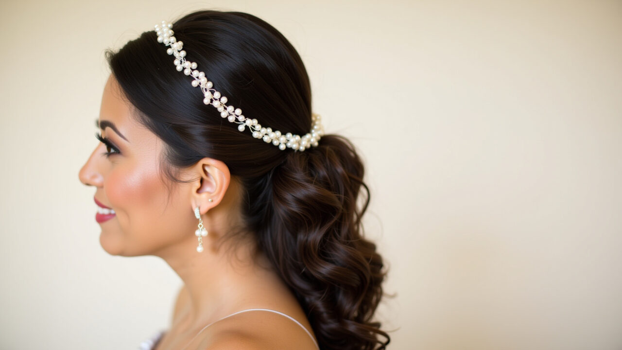 Noiva com tiara de pérolas elegante.