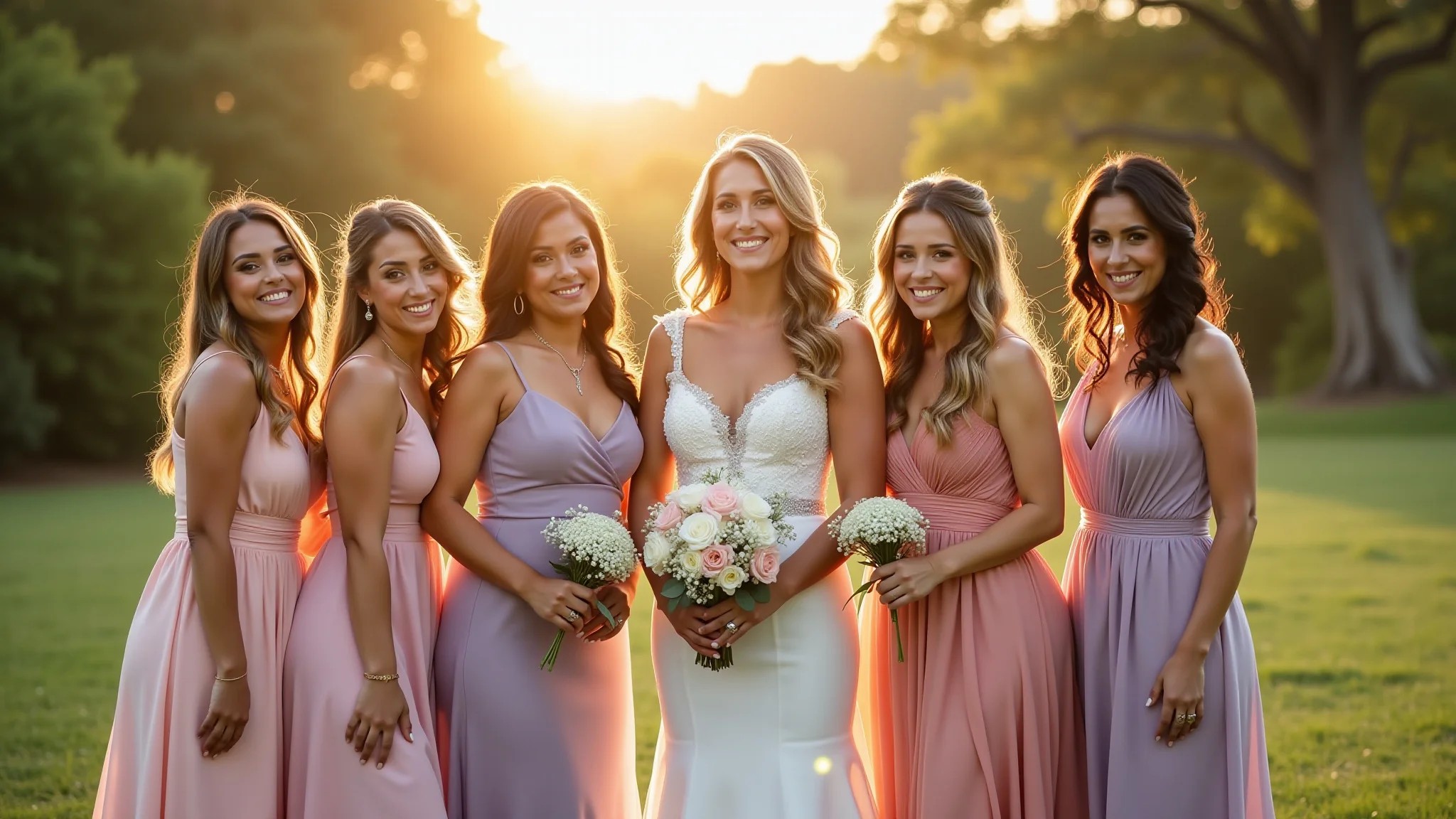 Madrinhas em vestidos harmonizados em tons pastel (rosa, lilás, dourado) posando em casamento brasileiro.