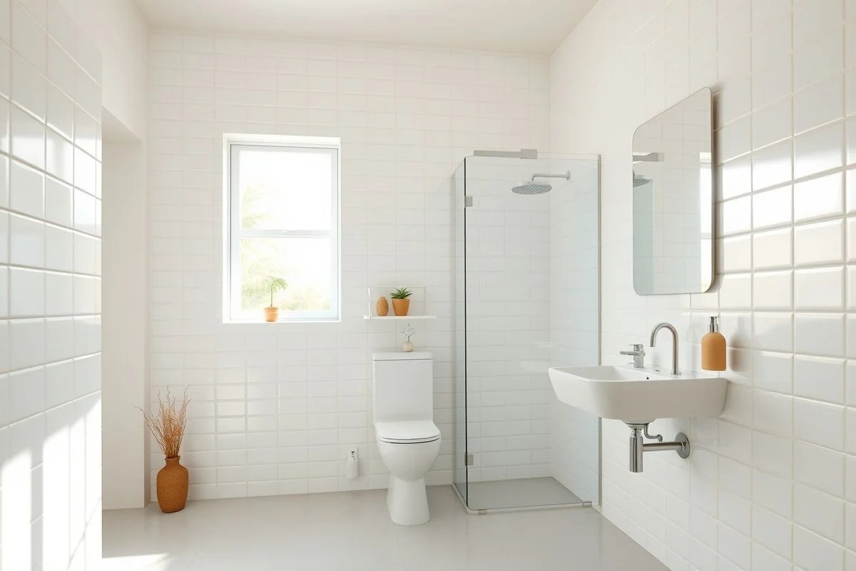 Banheiro simples e funcional com cerâmica branca e luz natural.