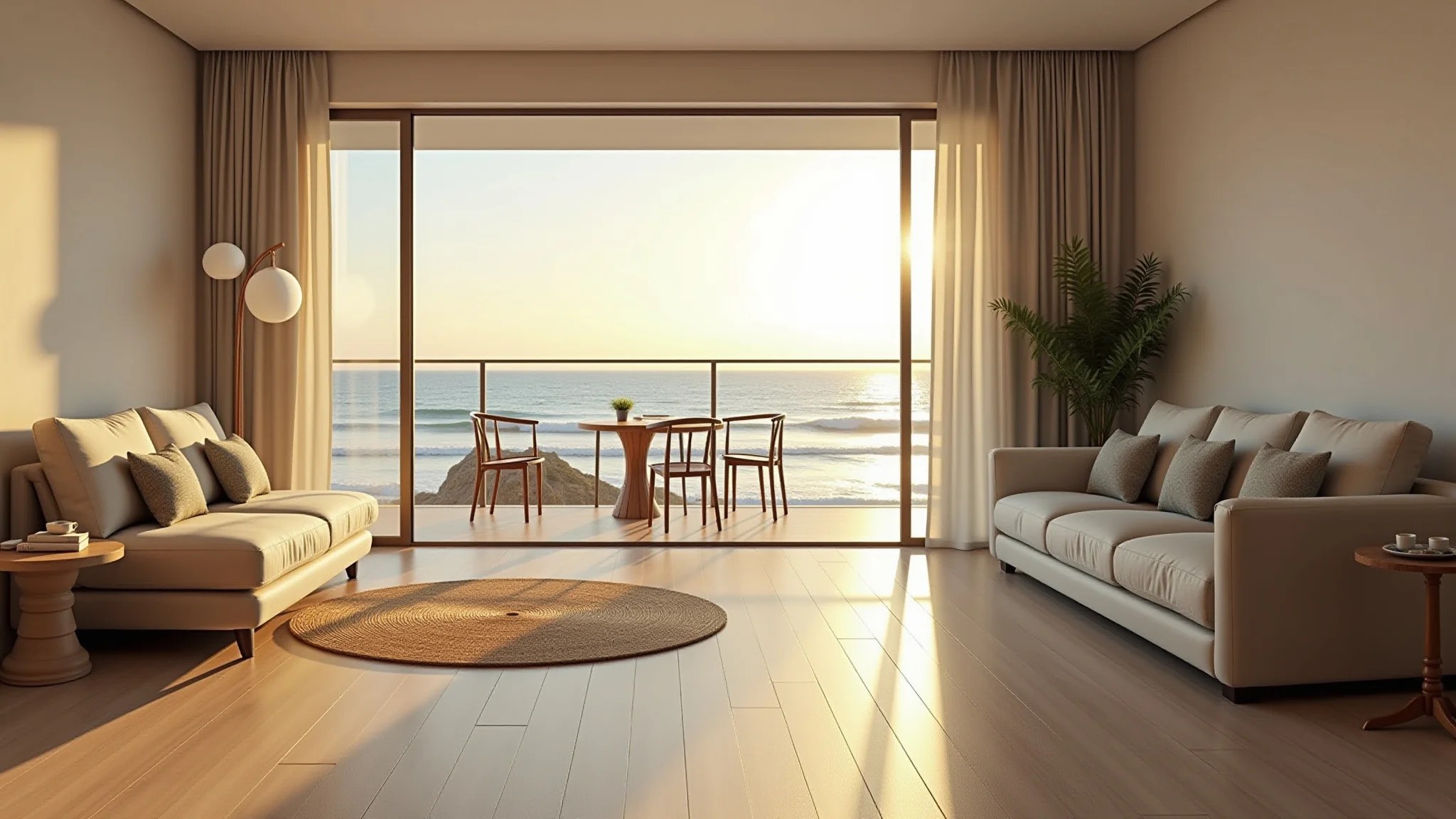 Sala de estar de apartamento de praia com piso vinílico claro imitando madeira e vista para o mar.