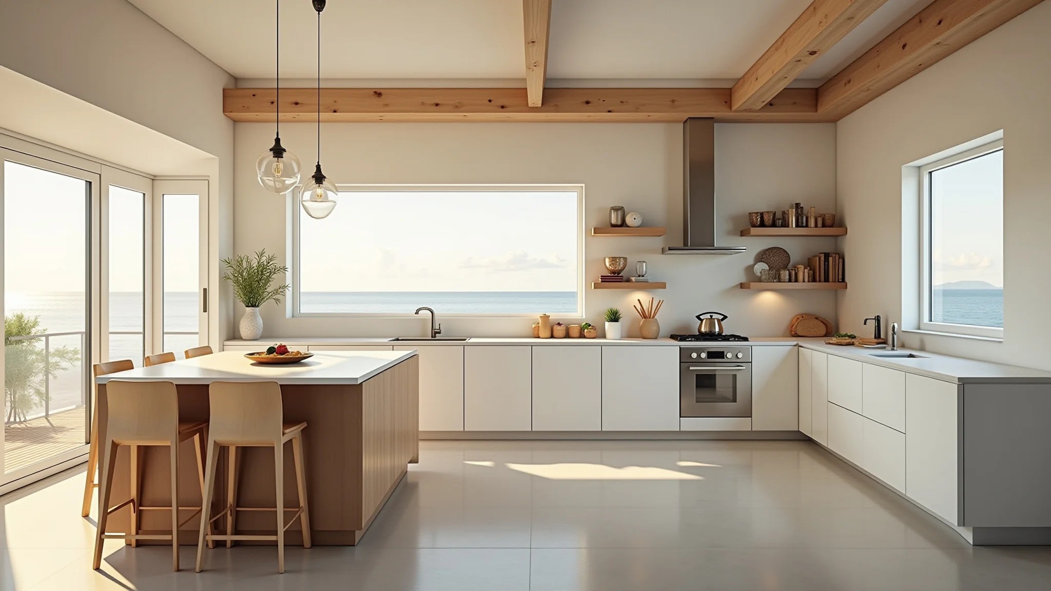 Cozinha de praia clara e arejada com armários brancos e detalhes em madeira natural.