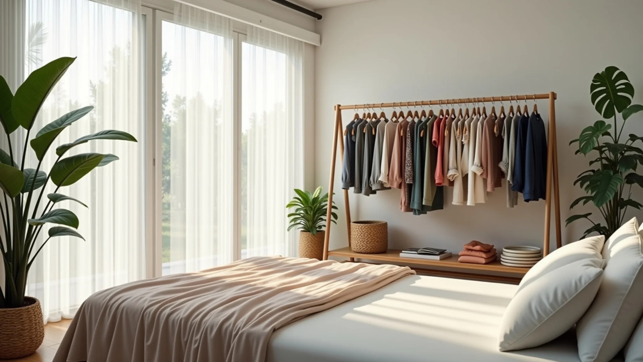 Quarto iluminado com arara de roupas minimalista e organizada, estilo brasileiro.