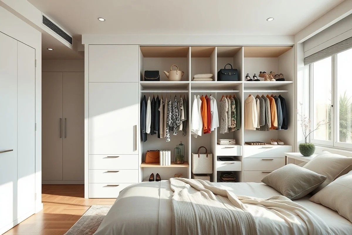 Quarto brasileiro moderno com guarda-roupa organizado e elegante.