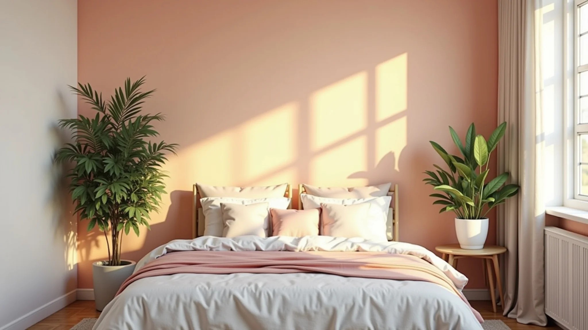 Quarto iluminado com paleta de cores pastel, decoração minimalista e plantas.