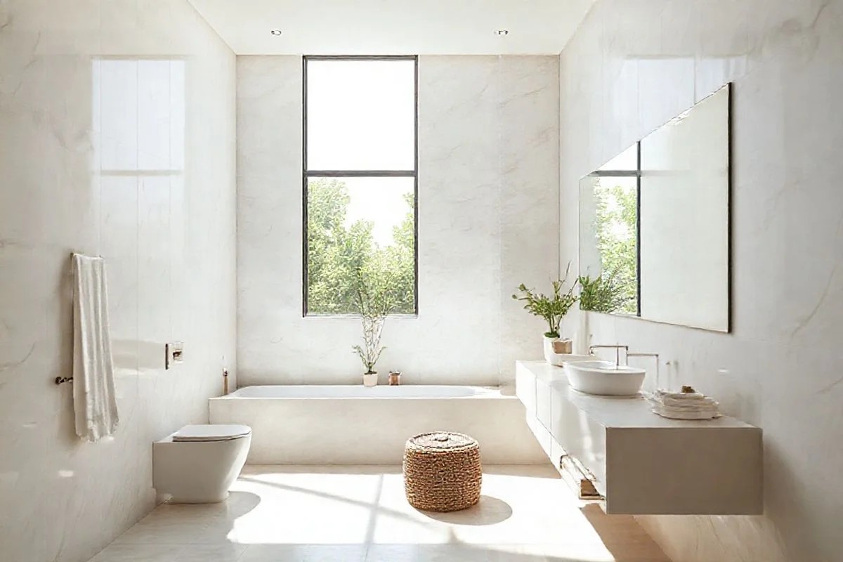 Banheiro minimalista brasileiro com azulejos claros e espelho amplo.