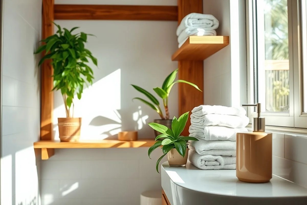 Banheiro brasileiro organizado com prateleira de madeira, toalhas e plantas.