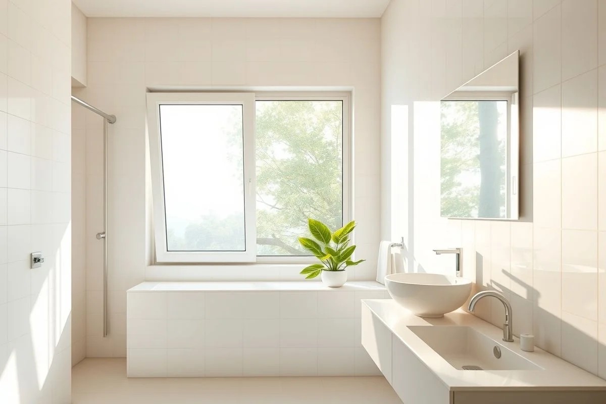Banheiro brasileiro moderno com janela basculante aberta, ventilação e luz natural.