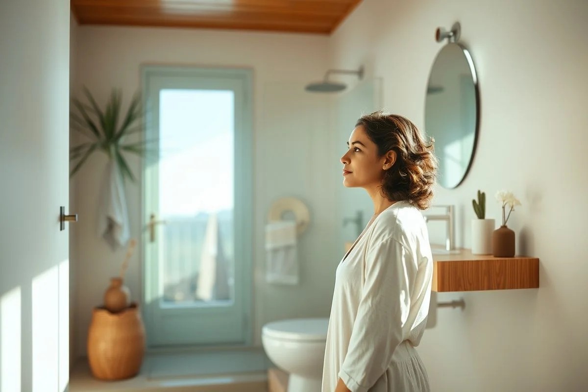 Mulher escolhendo vaso sanitário em banheiro moderno e bem iluminado no Brasil.