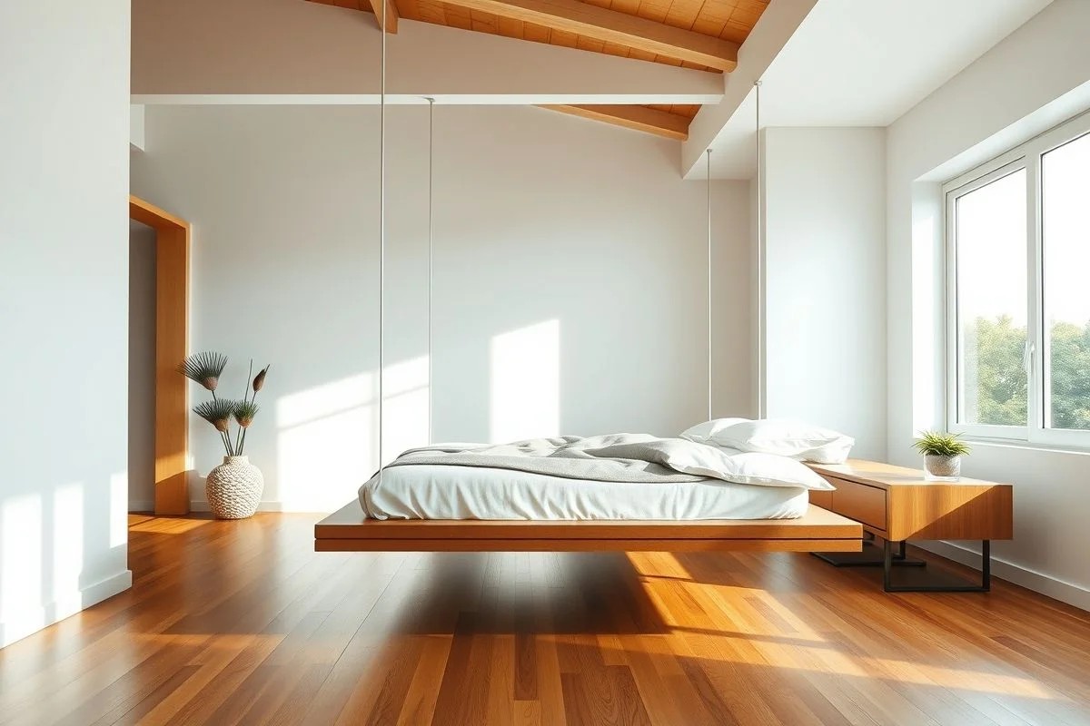 Quarto brasileiro moderno com cama suspensa flutuante e iluminação natural.