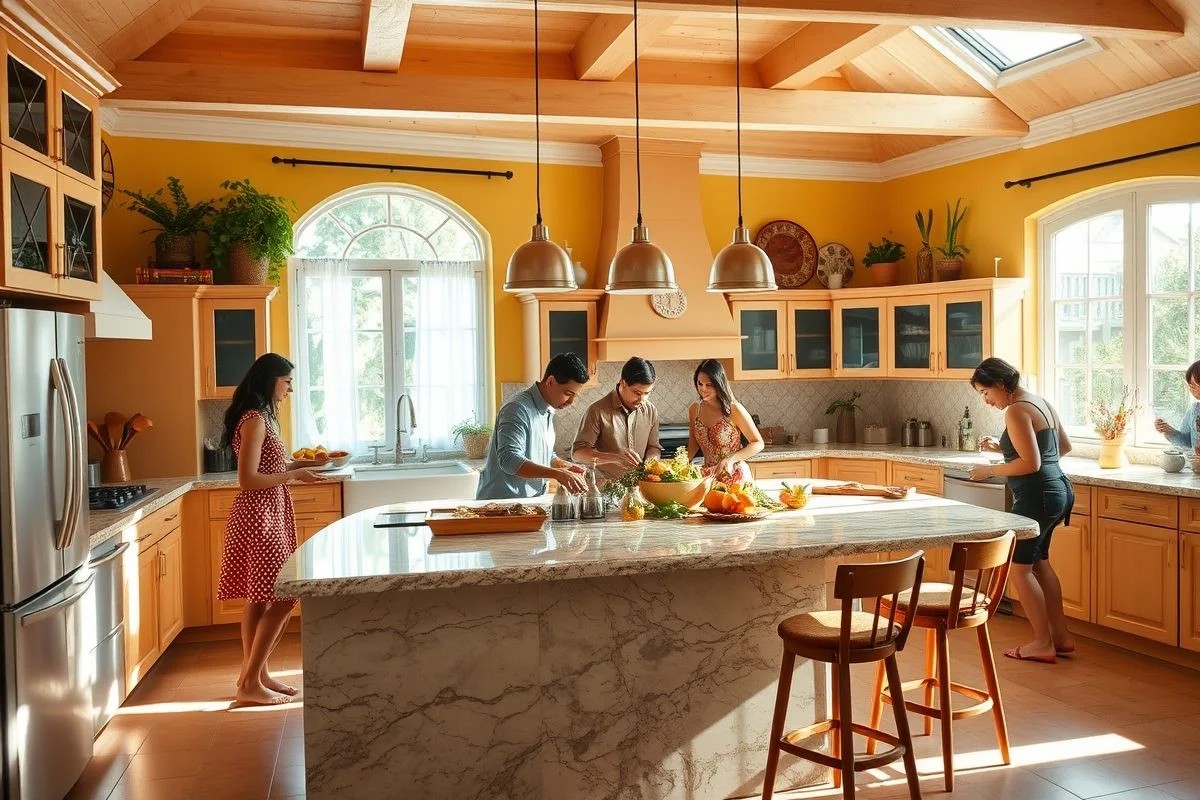 Cozinha brasileira iluminada com ilha de granito e família reunida preparando comida.