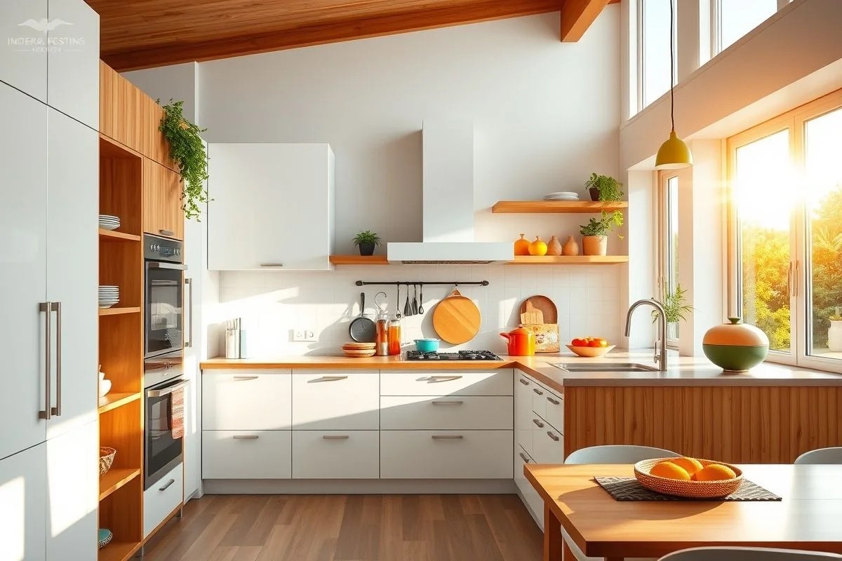 Cozinha branca com detalhes em madeira e utensílios coloridos, estilo brasileiro moderno.