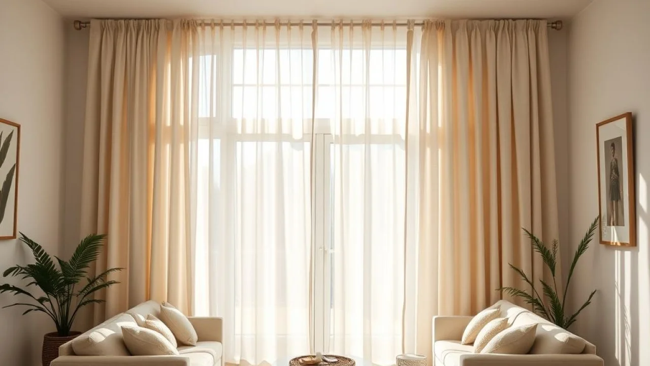 Sala de estar brasileira com cortinas de linho neutras e iluminação natural.