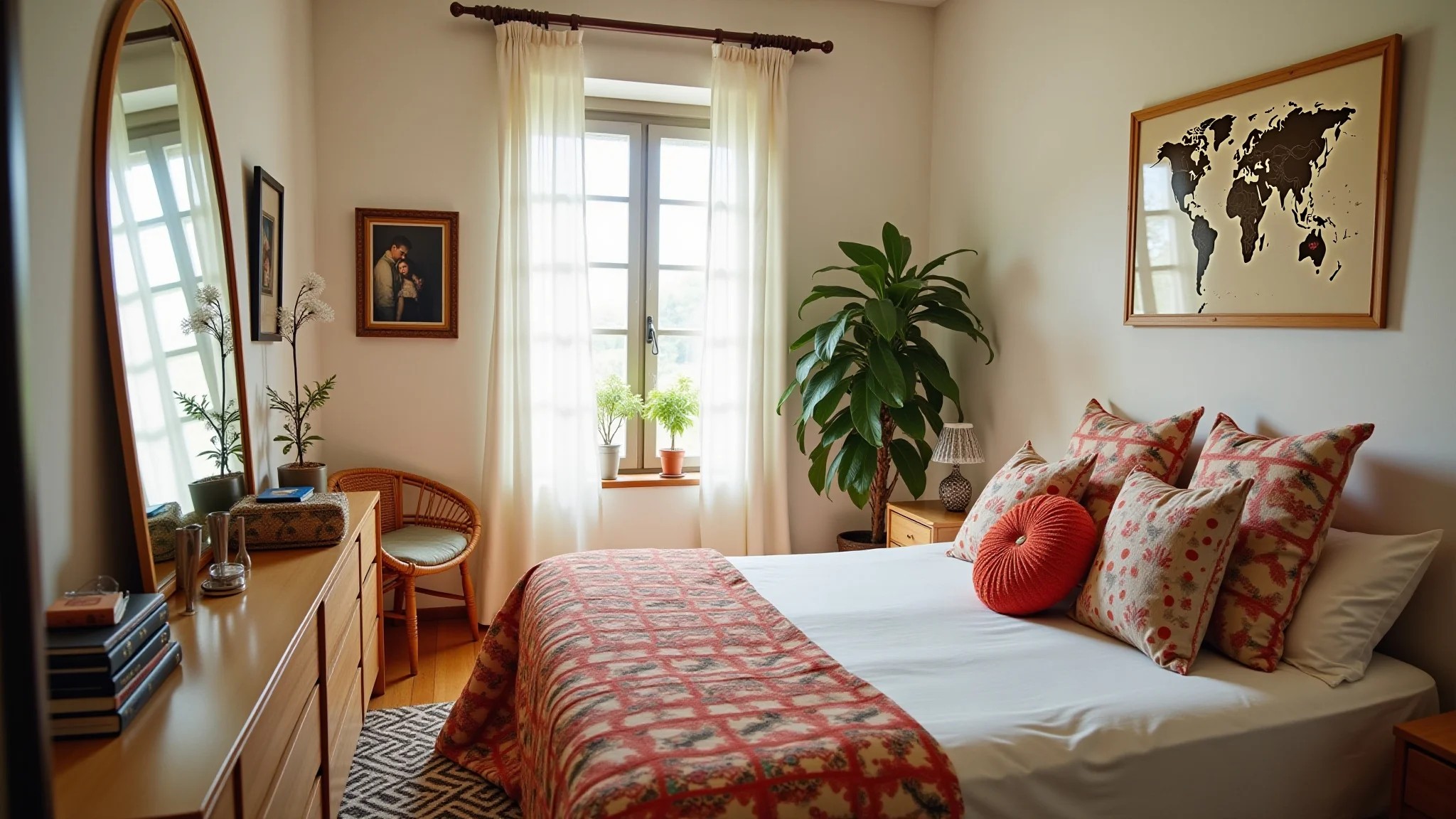 Quarto de casal pequeno com espelho grande ampliando o espaço e decoração brasileira vibrante.