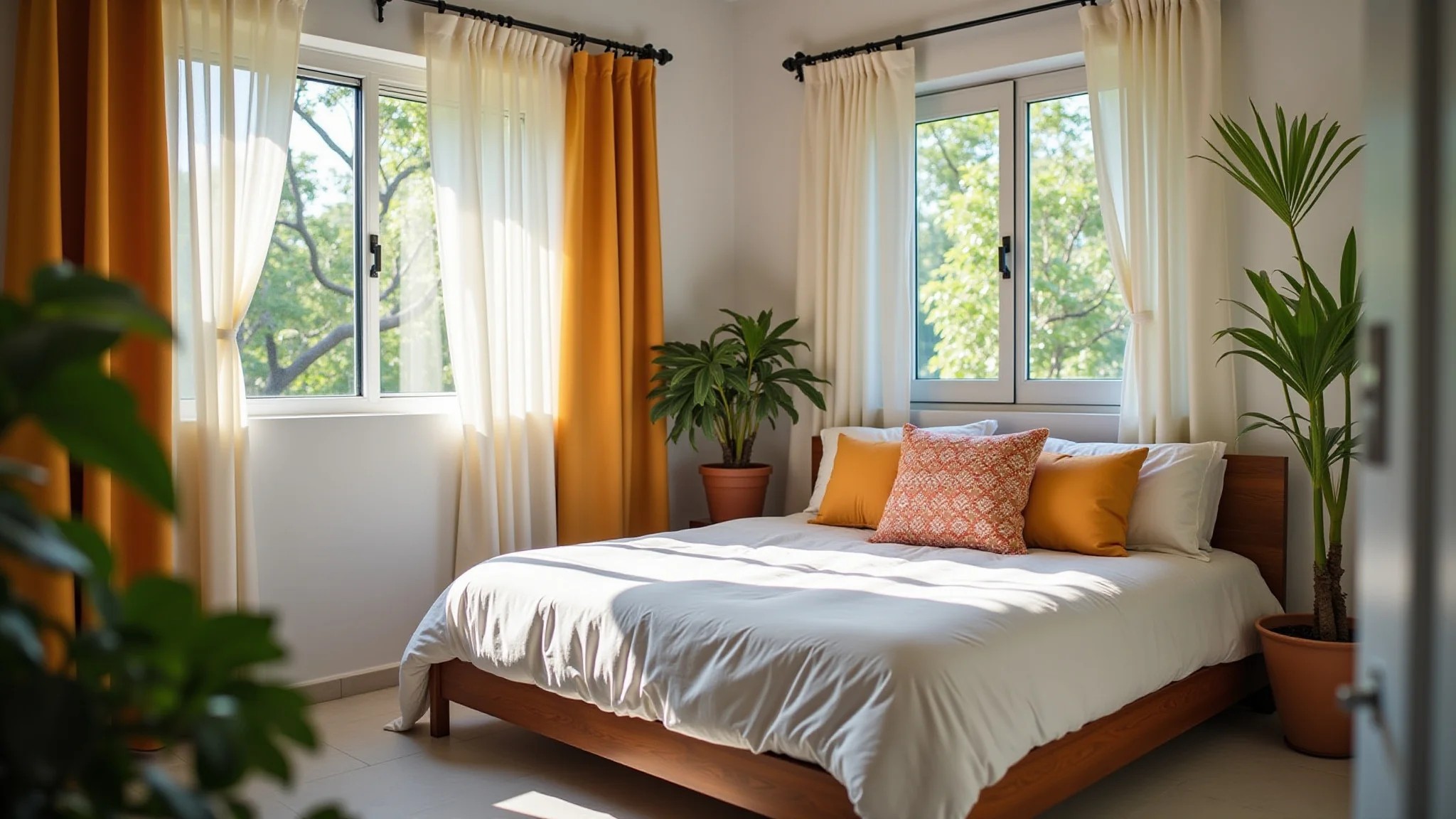 Quarto de casal iluminado com design brasileiro, cama confortável e atmosfera convidativa.