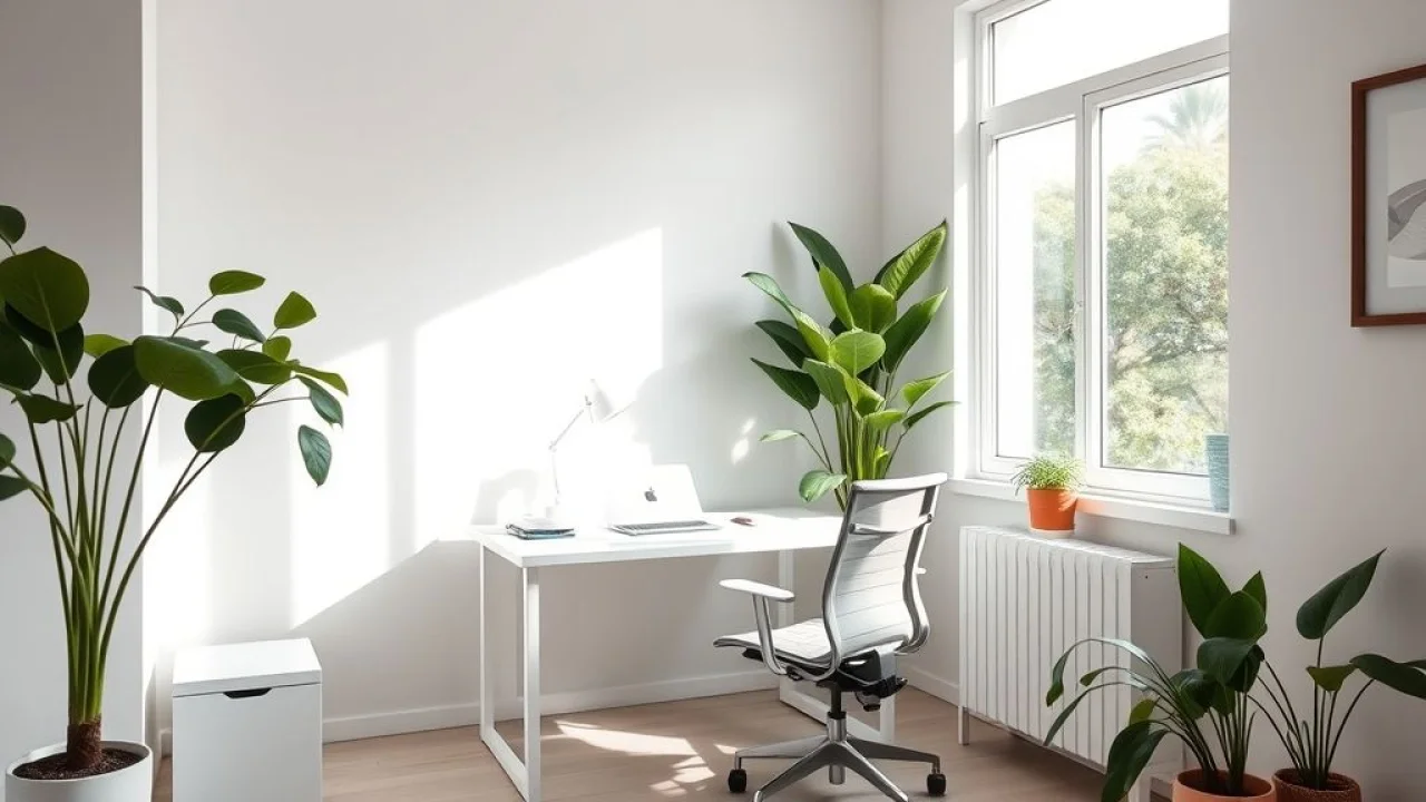 Home office clean e iluminado no Brasil com plantas e design minimalista
