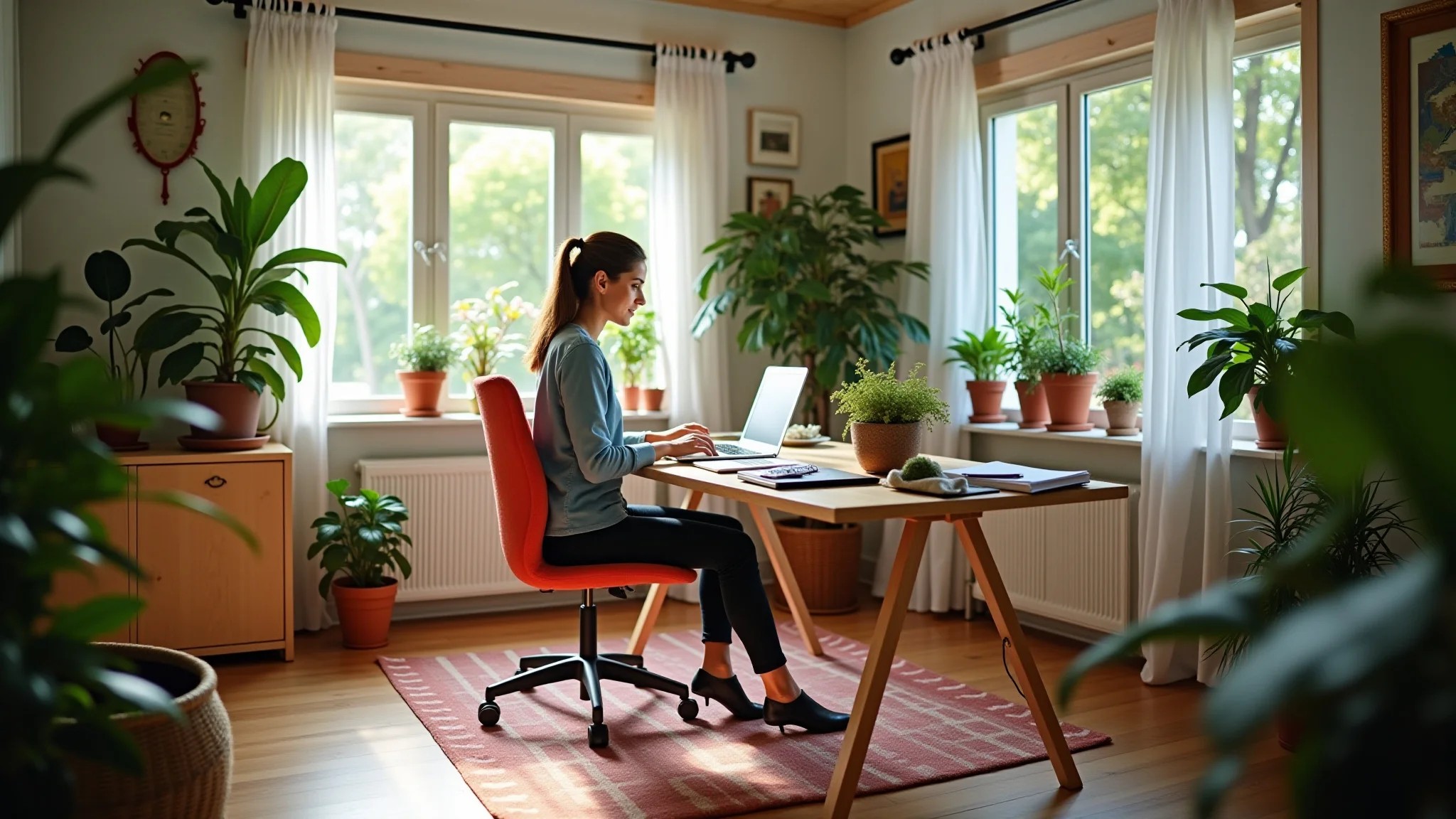 Home office feminino iluminado com decoração brasileira, plantas e luz natural.