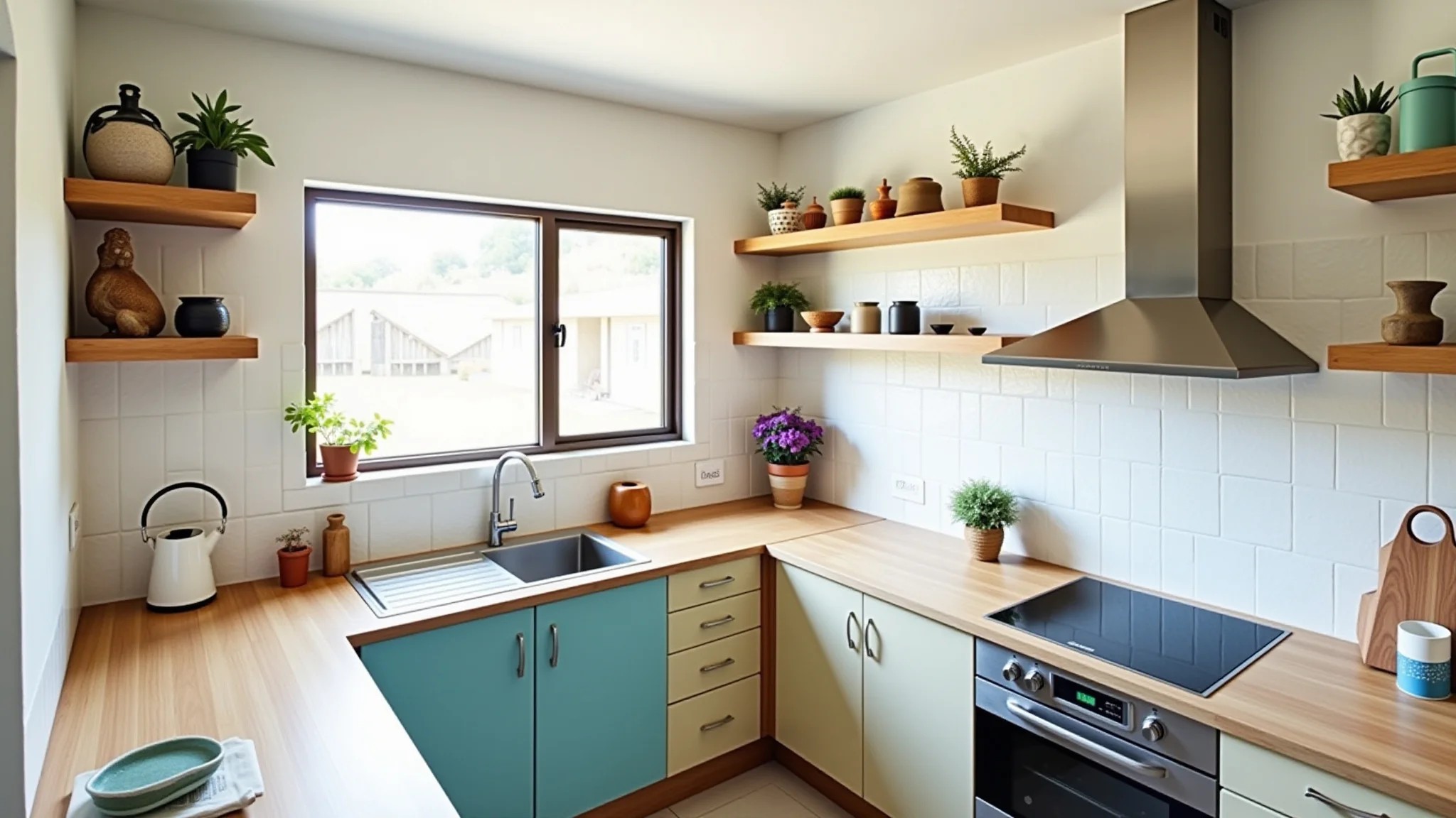 Cozinha clara com decoração DIY, armários coloridos e prateleiras abertas.