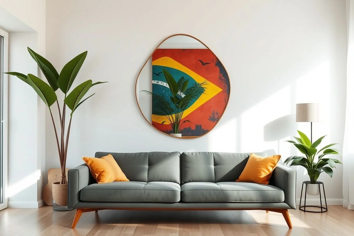 Sala de estar iluminada com espelho orgânico e sofá moderno. Decoração brasileira.