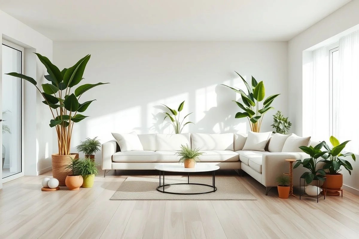 Sala de estar moderna com piso flutuante laminado claro e decoração brasileira.