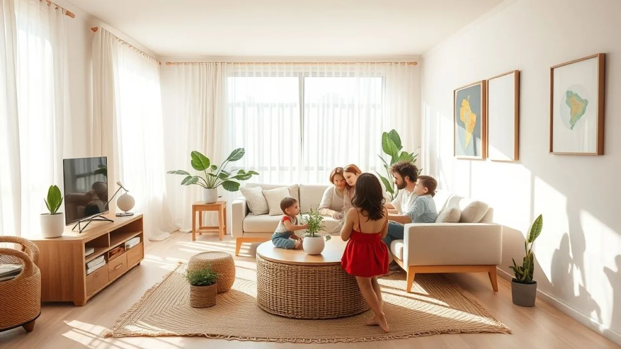 Sala pequena decorada com móveis multifuncionais e plantas, estilo brasileiro moderno.