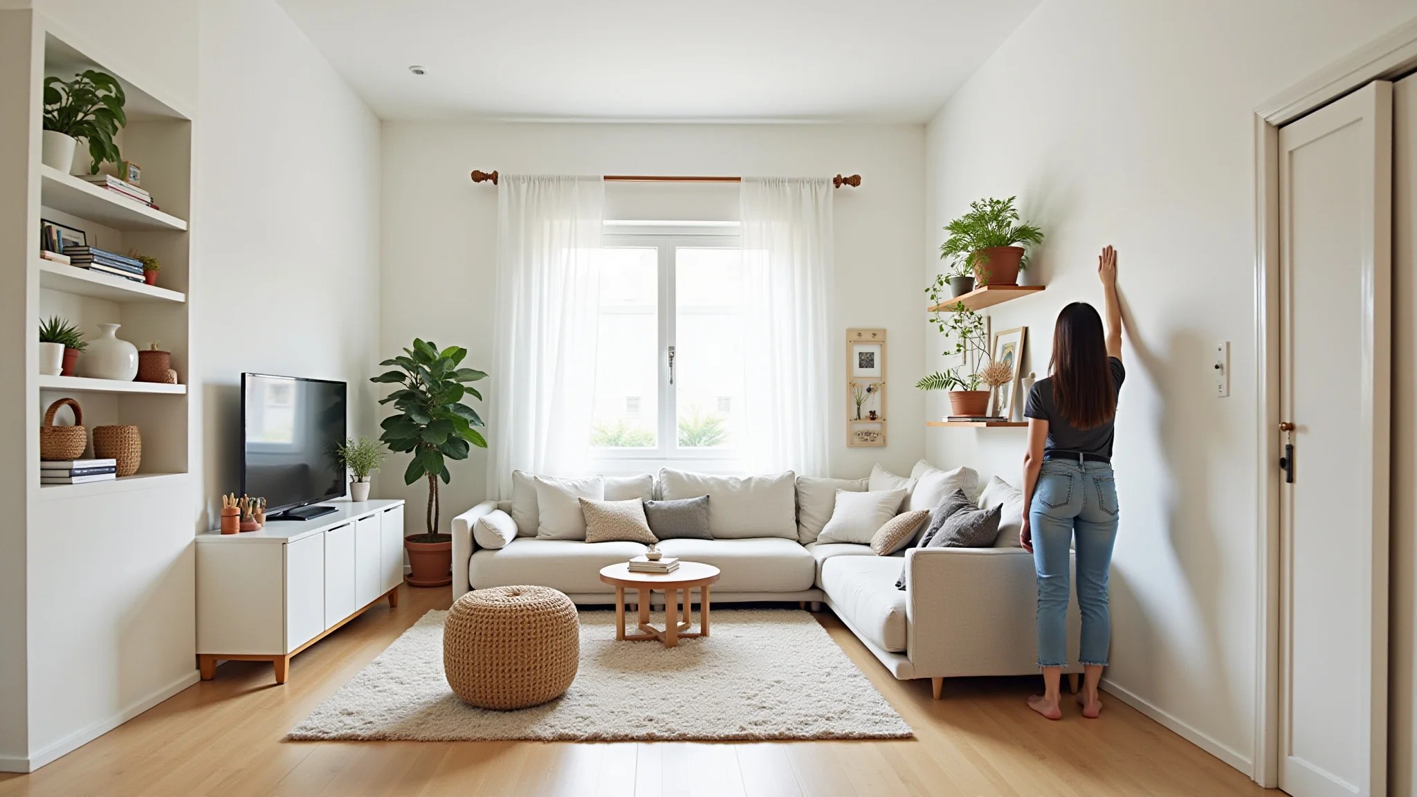 Sala de estar organizada com prateleiras, decoração minimalista e luz natural.