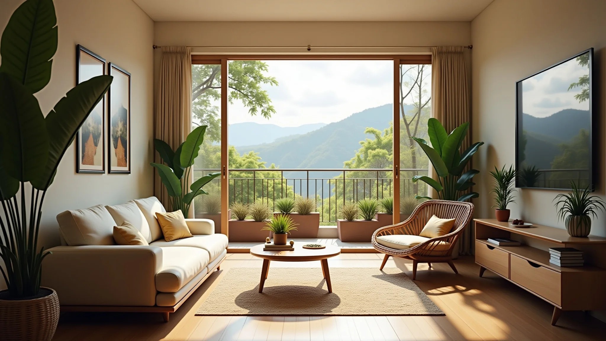 Sala de estar integrada à varanda com decoração brasileira vibrante e iluminação natural.