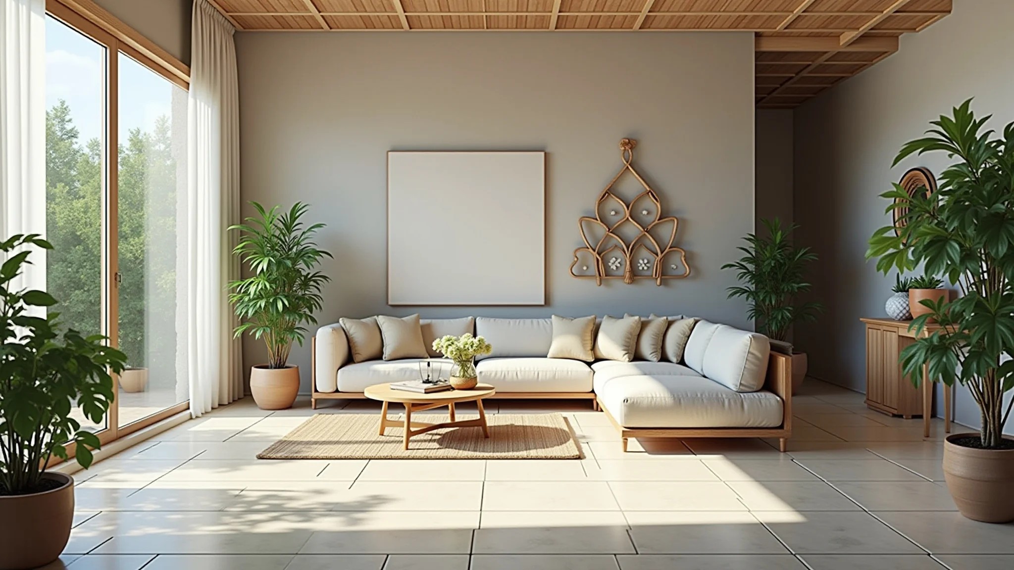 Sala de estar arejada com piso cerâmico fresco, design brasileiro e iluminação natural.