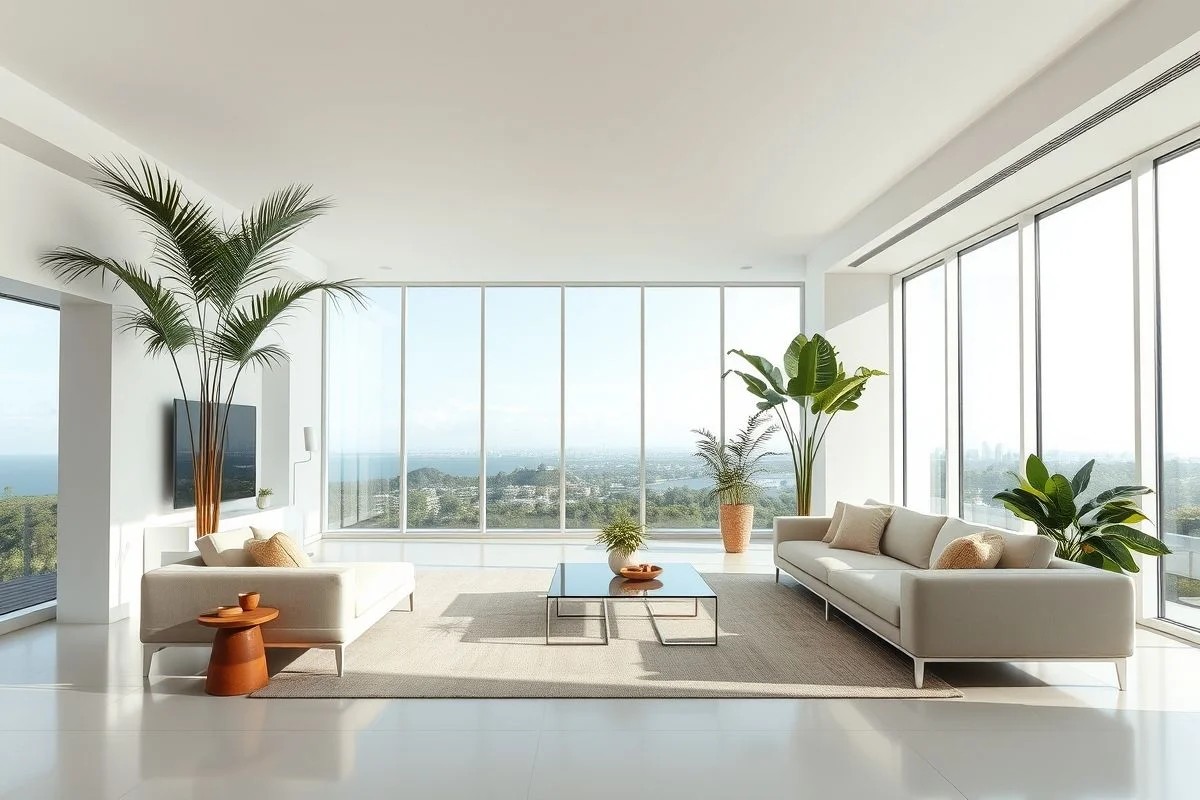 Sala minimalista brasileira com iluminação natural e decoração clean