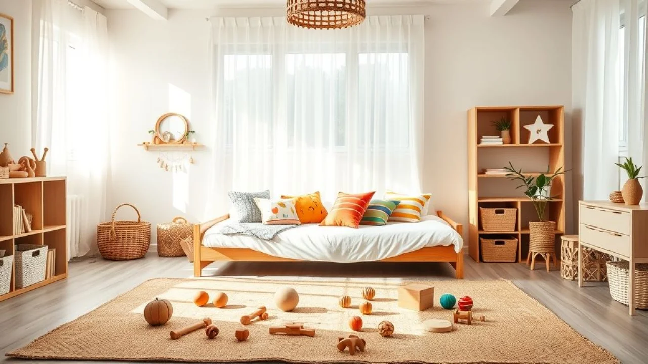 Quarto Montessoriano arejado, cama baixa, brinquedos de madeira, luz natural suave, autonomia infantil.