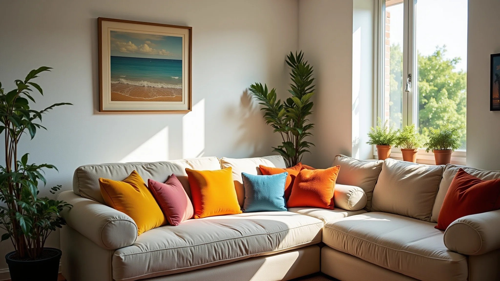 Sala de estar de apartamento pequeno, design brasileiro, almofadas coloridas e iluminação natural.