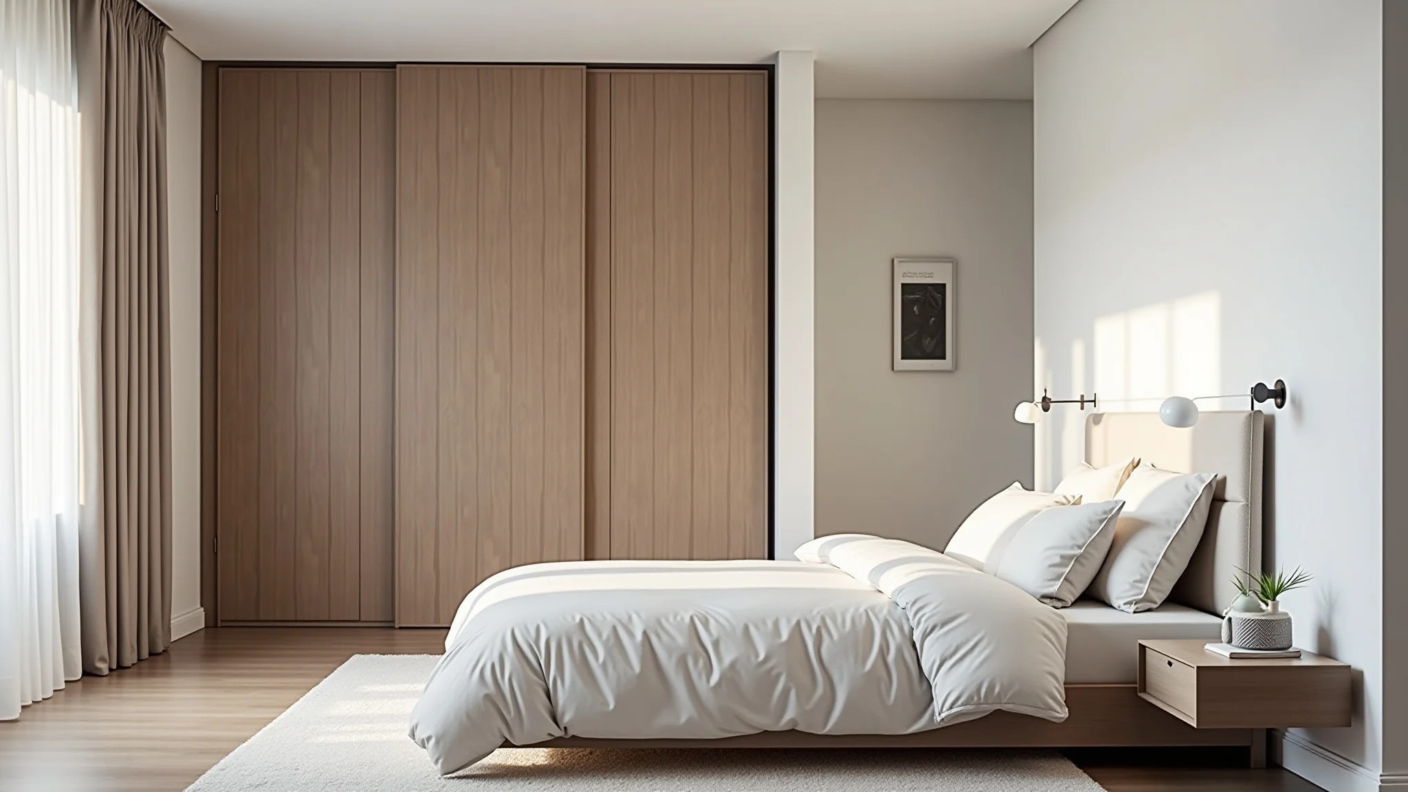 Quarto pequeno com guarda-roupa de portas de correr otimizando espaço.