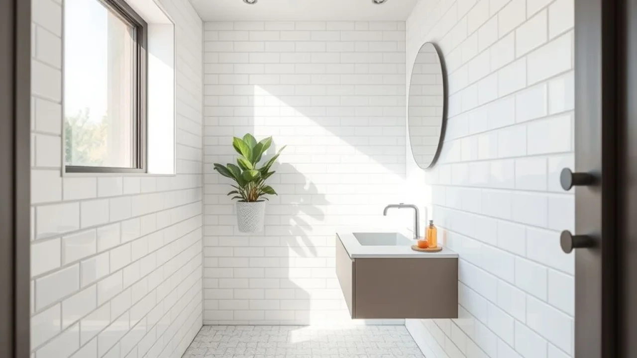 Banheiro pequeno e claro com design minimalista e planta.