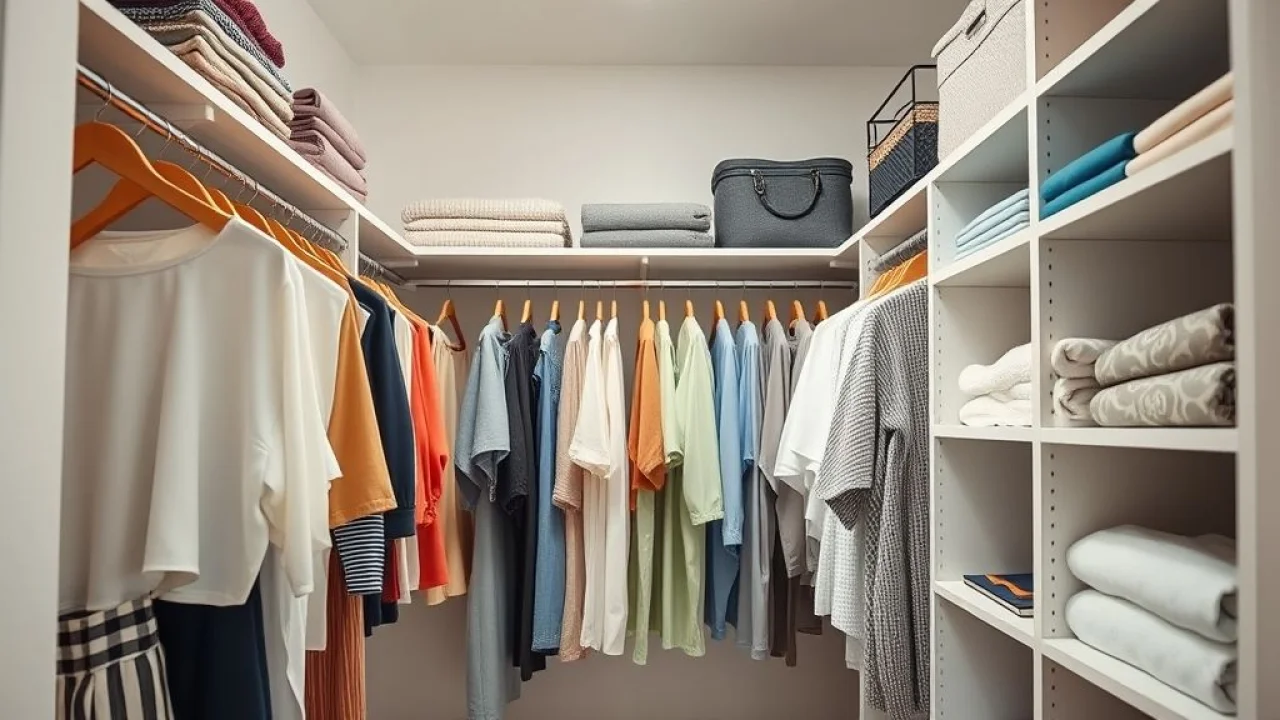 Guarda-roupa pequeno organizado com roupas dobradas e cabides de madeira.