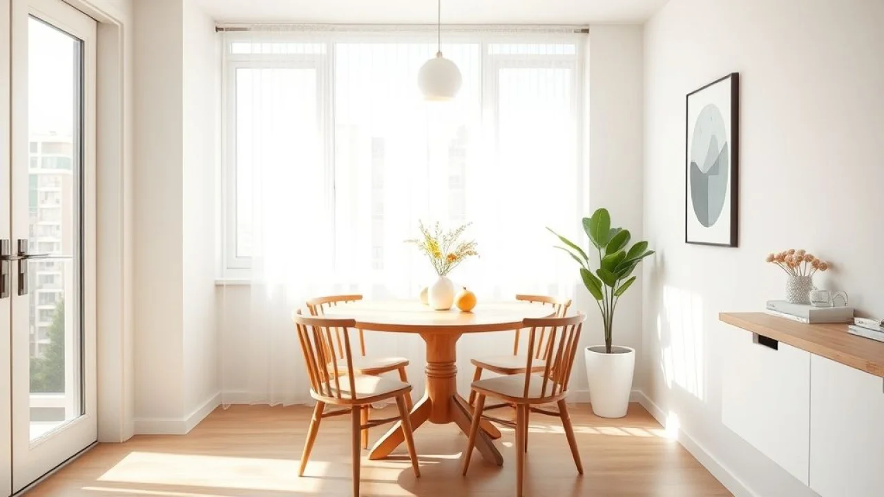 Sala de jantar pequena e moderna com mesa redonda e luz natural.