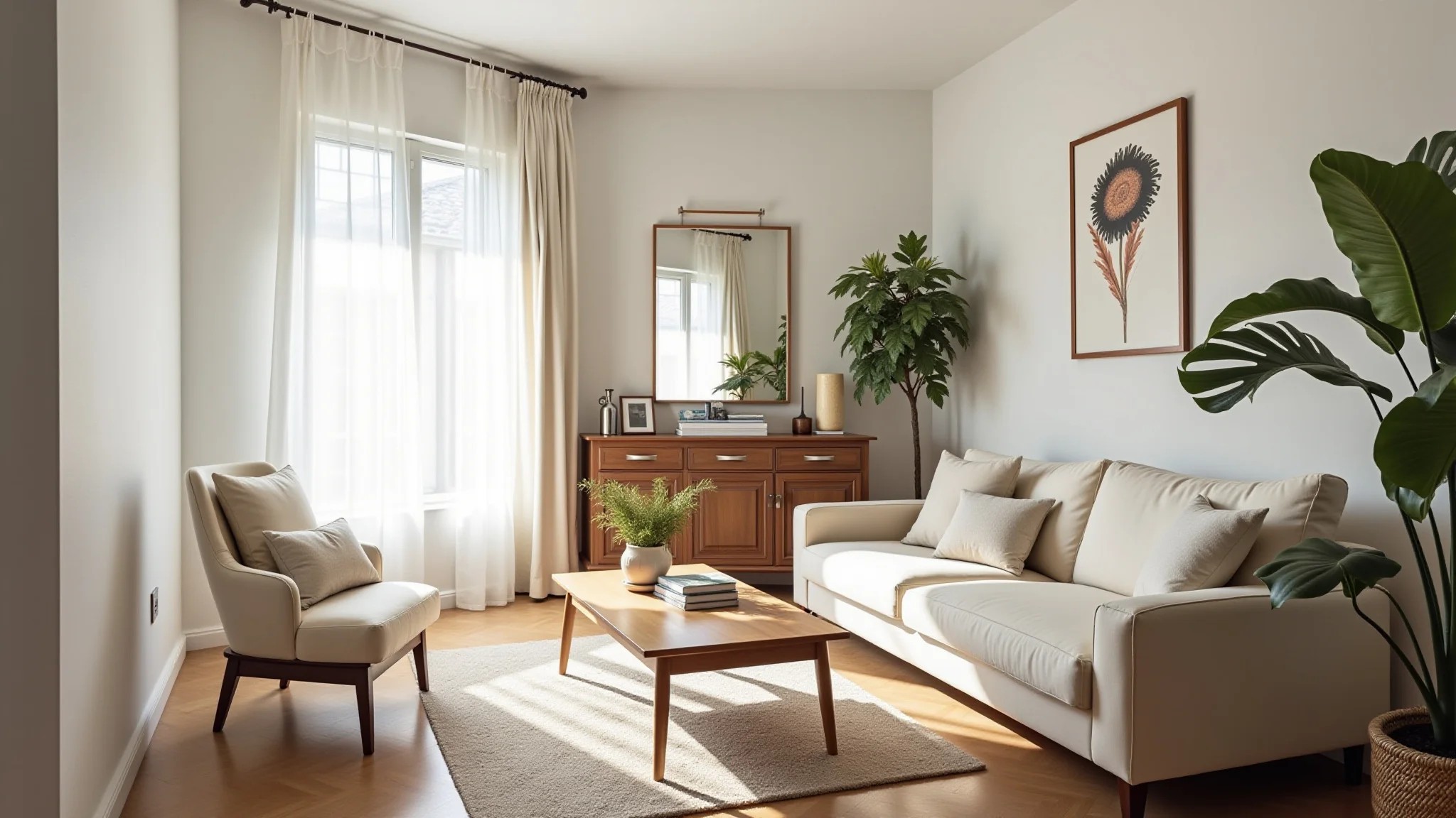 Sala pequena decorada com cores claras, espelhos e móveis multifuncionais, estilo brasileiro.