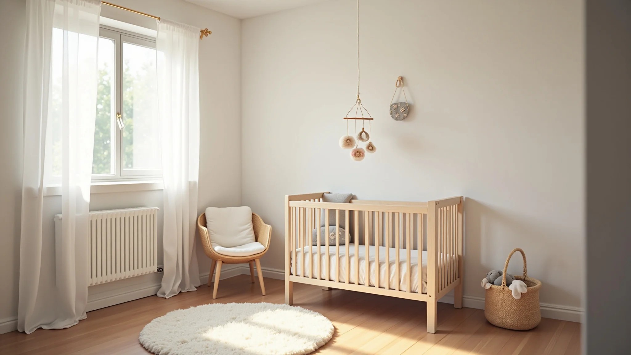 Quarto de bebê arejado, berço com móbile, cores suaves, luz natural, estilo brasileiro aconchegante.