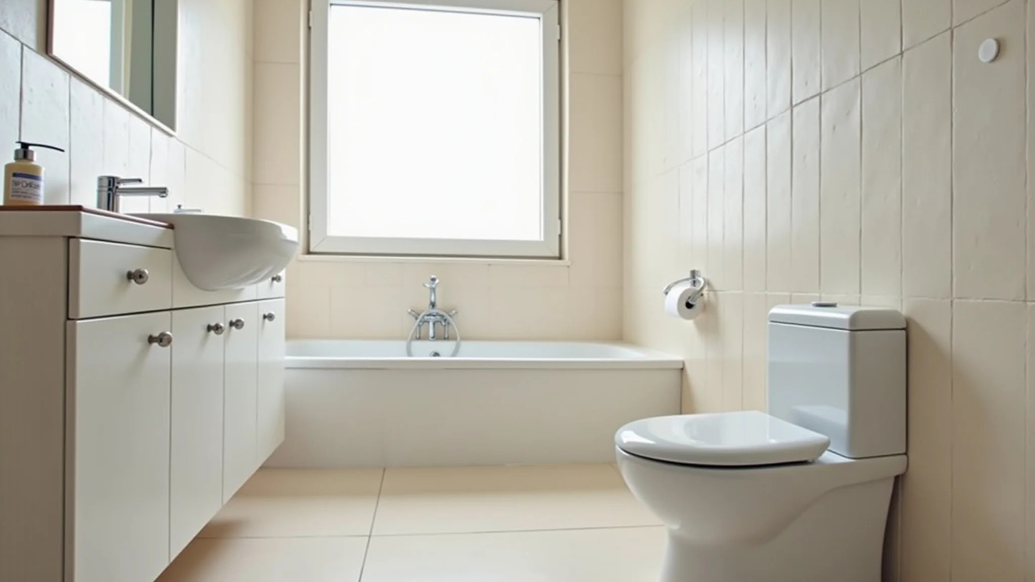 Banheiro clean com vaso sanitário com caixa acoplada discreta.
