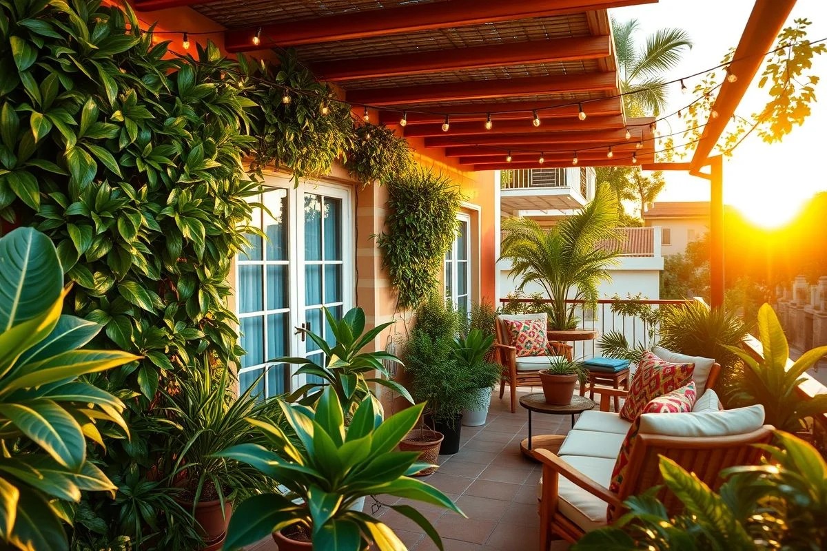 Varanda brasileira ensolarada com jardim vertical e iluminação aconchegante.