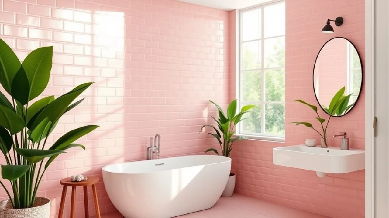 Banheiro rosa com azulejos e plantas.
