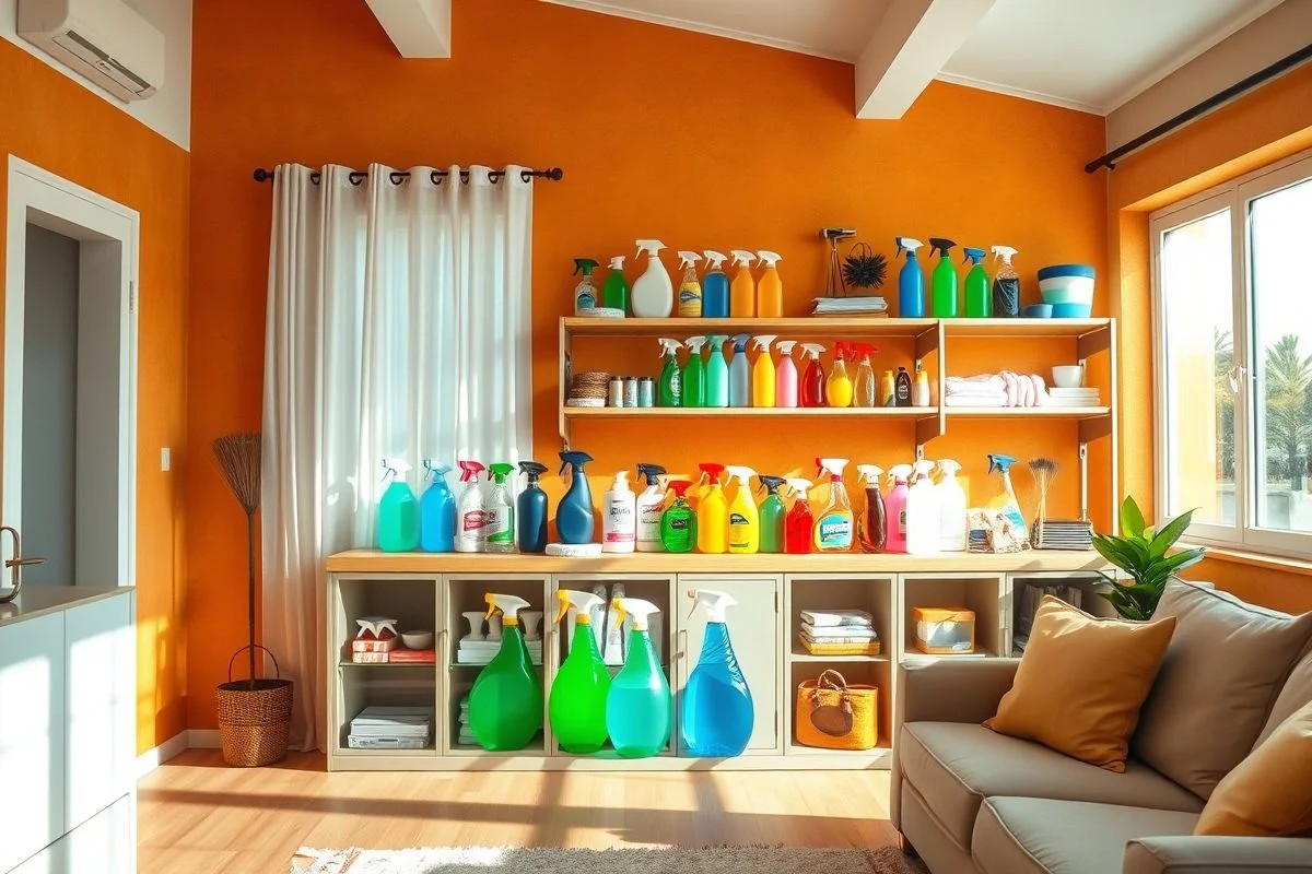 Prateleira com produtos de limpeza diversos em casa brasileira ensolarada.