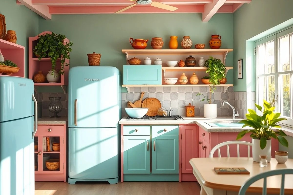Cozinha candy color brasileira com armários rosa pastel e geladeira azul bebê.