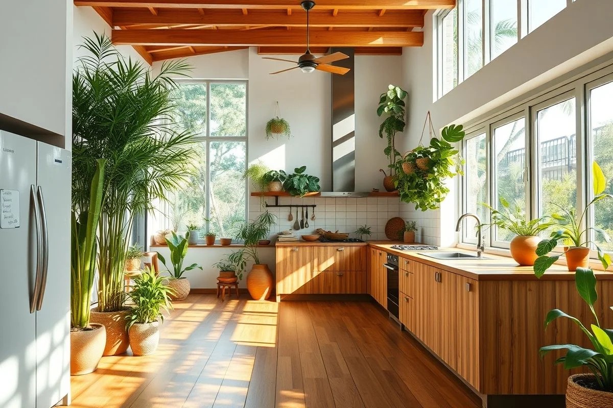 Cozinha brasileira com piso de bambu, luz natural e plantas.