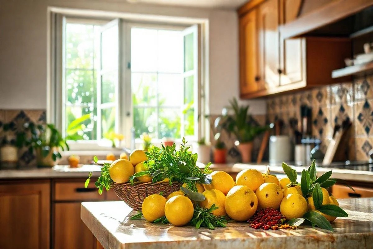 Cozinha brasileira iluminada com difusor e ingredientes frescos.