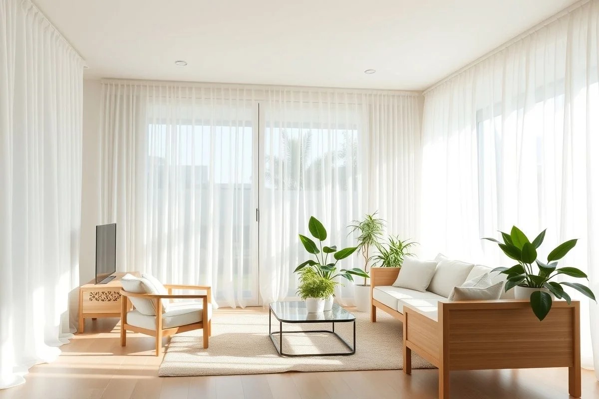 Sala de estar brasileira com cortinas de voil branco e decoração minimalista.