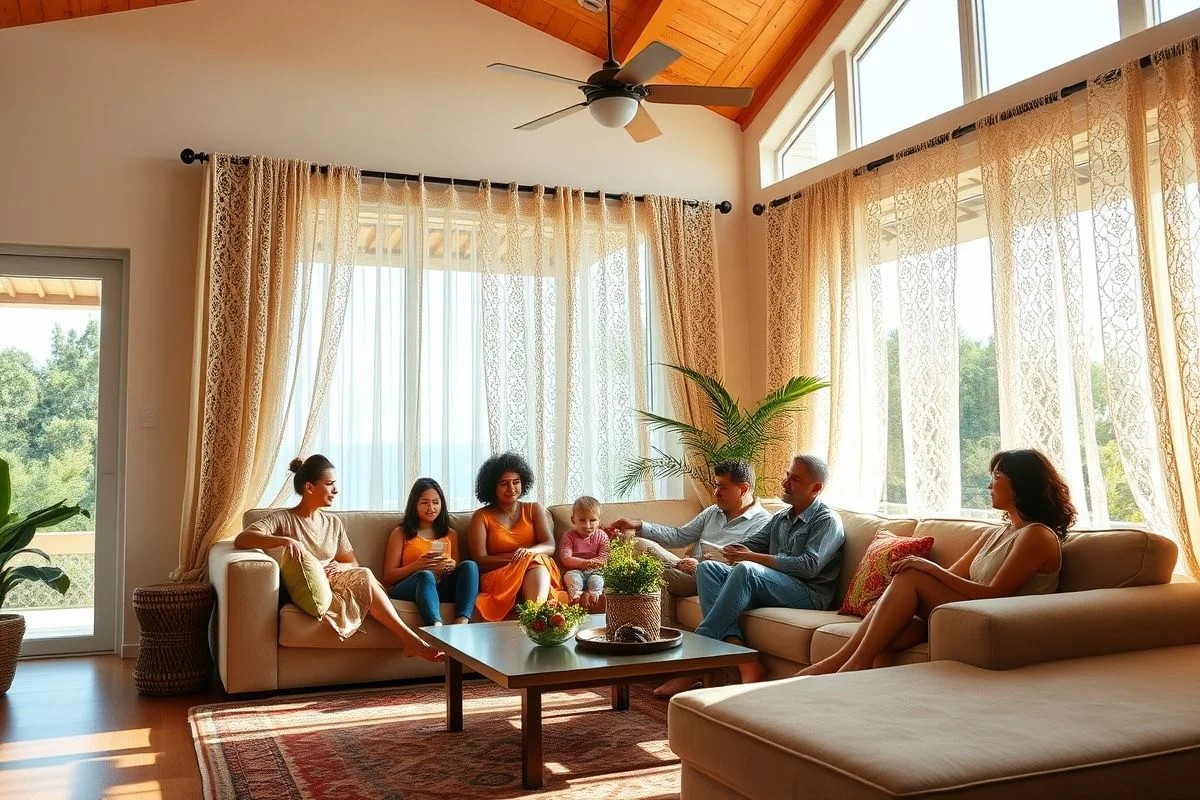 Sala brasileira arejada, cortina crochê floral, família relaxando, aconchego.