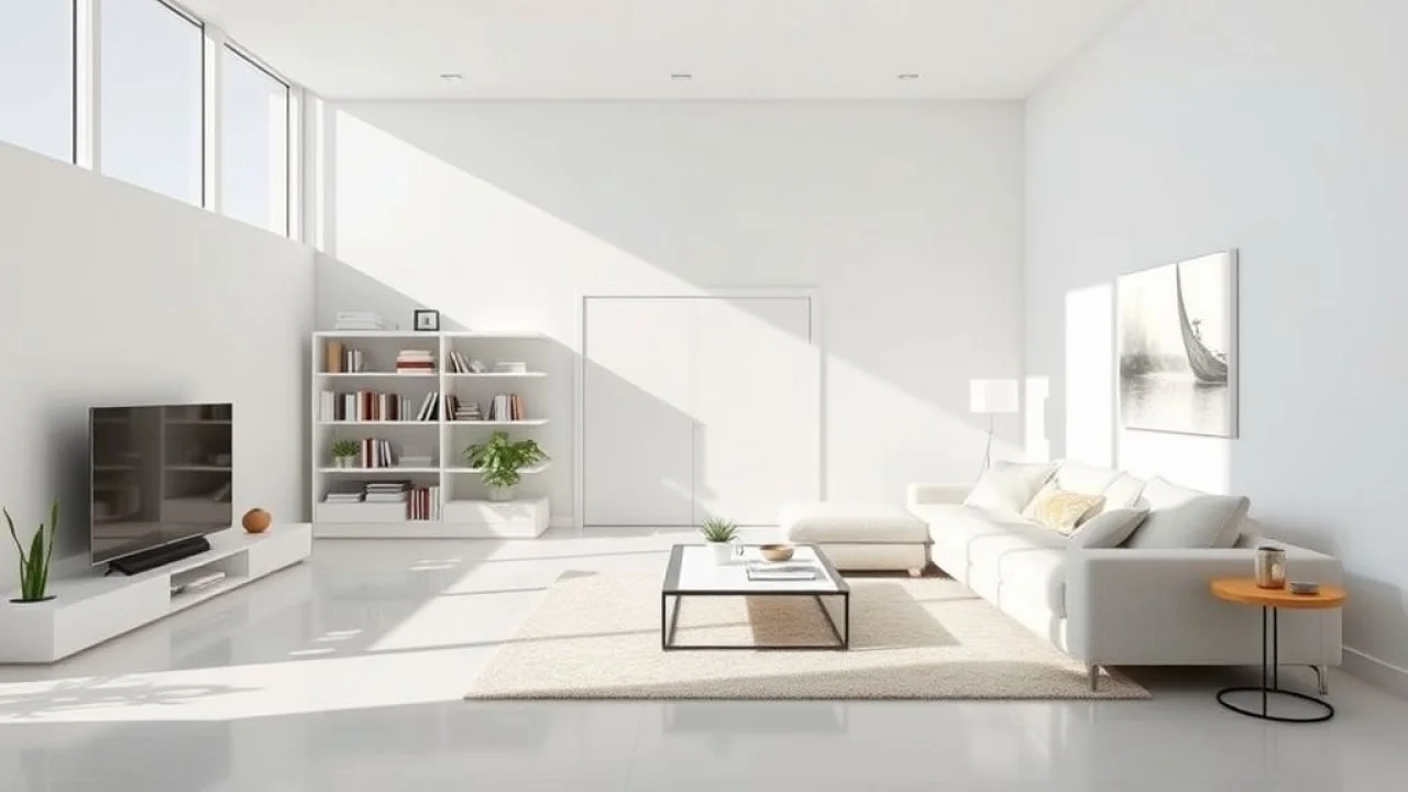 Sala de estar organizada com design minimalista e cores claras.