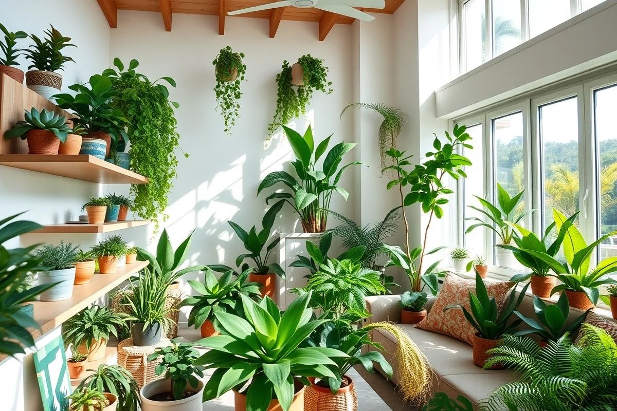 Sala iluminada no Brasil com diversas plantas em vasos.