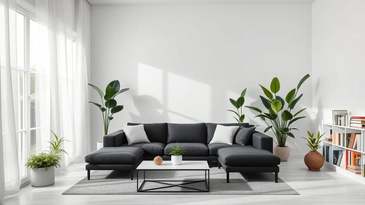 Sala de estar preta e branca iluminada com plantas, estilo minimalista e moderno