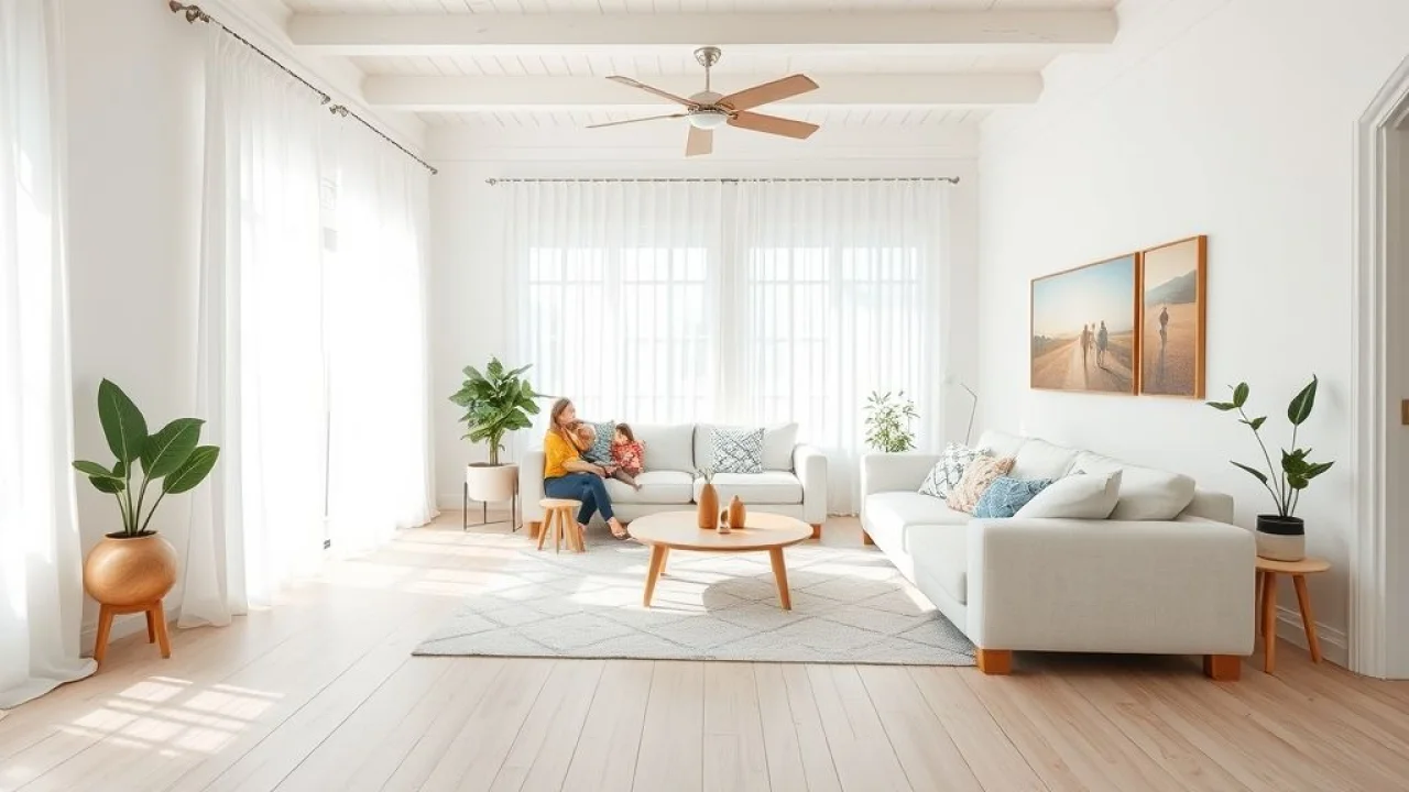 Sala de estar clara com piso de madeira clara e rodapé branco. Estilo escandinavo com toque brasileiro.